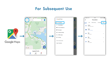 For Subsequent Use. Open google map application. Click on menu button.Select your places and the maps tag